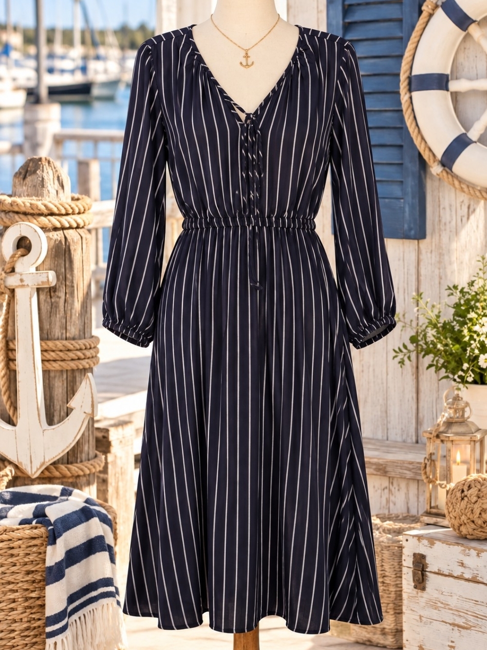 Old Navy Navy and White Striped Long-Sleeve Midi Dress